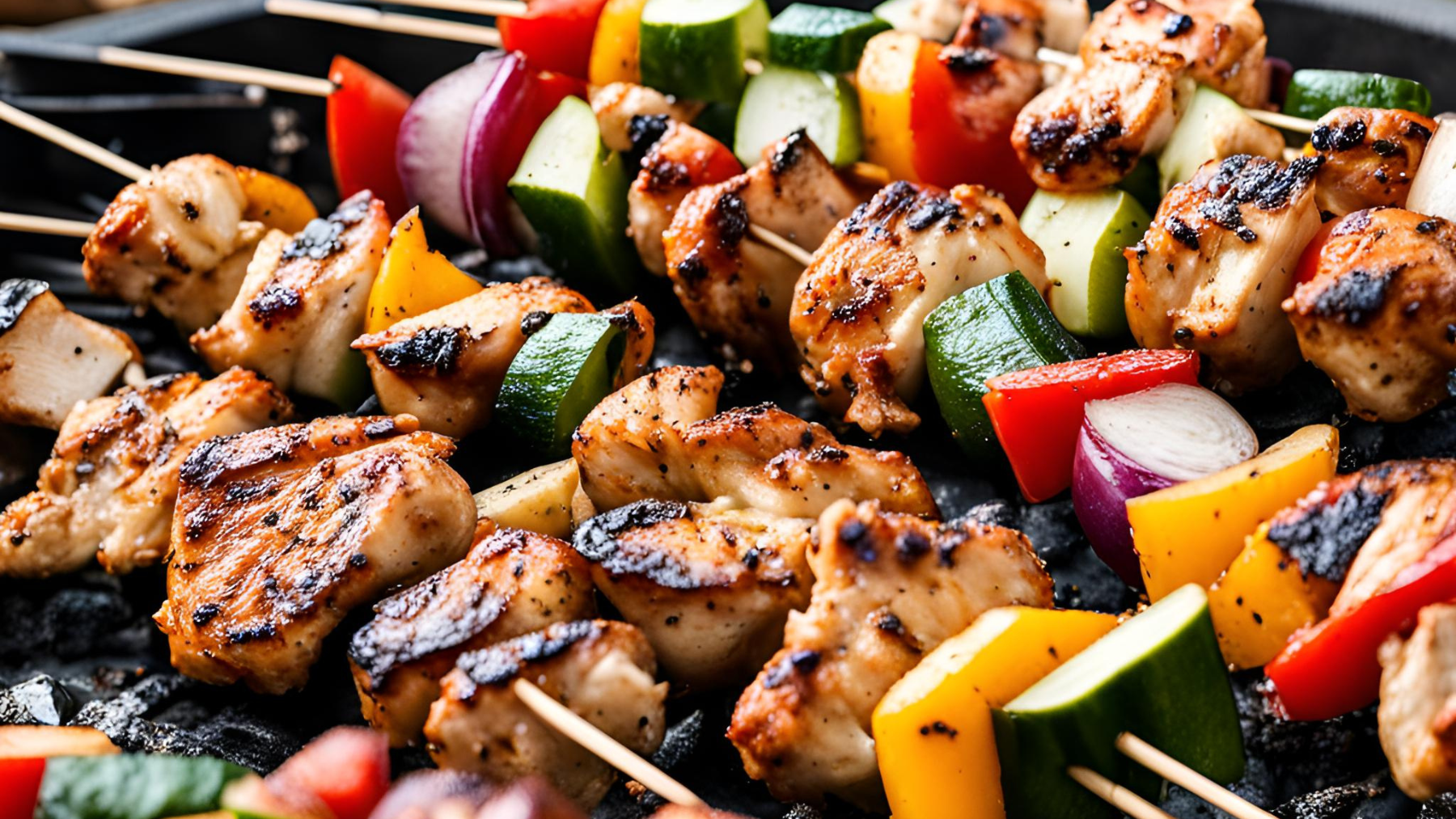 Chicken and veggie skewers over a grill is an easy, delicious summer meal.