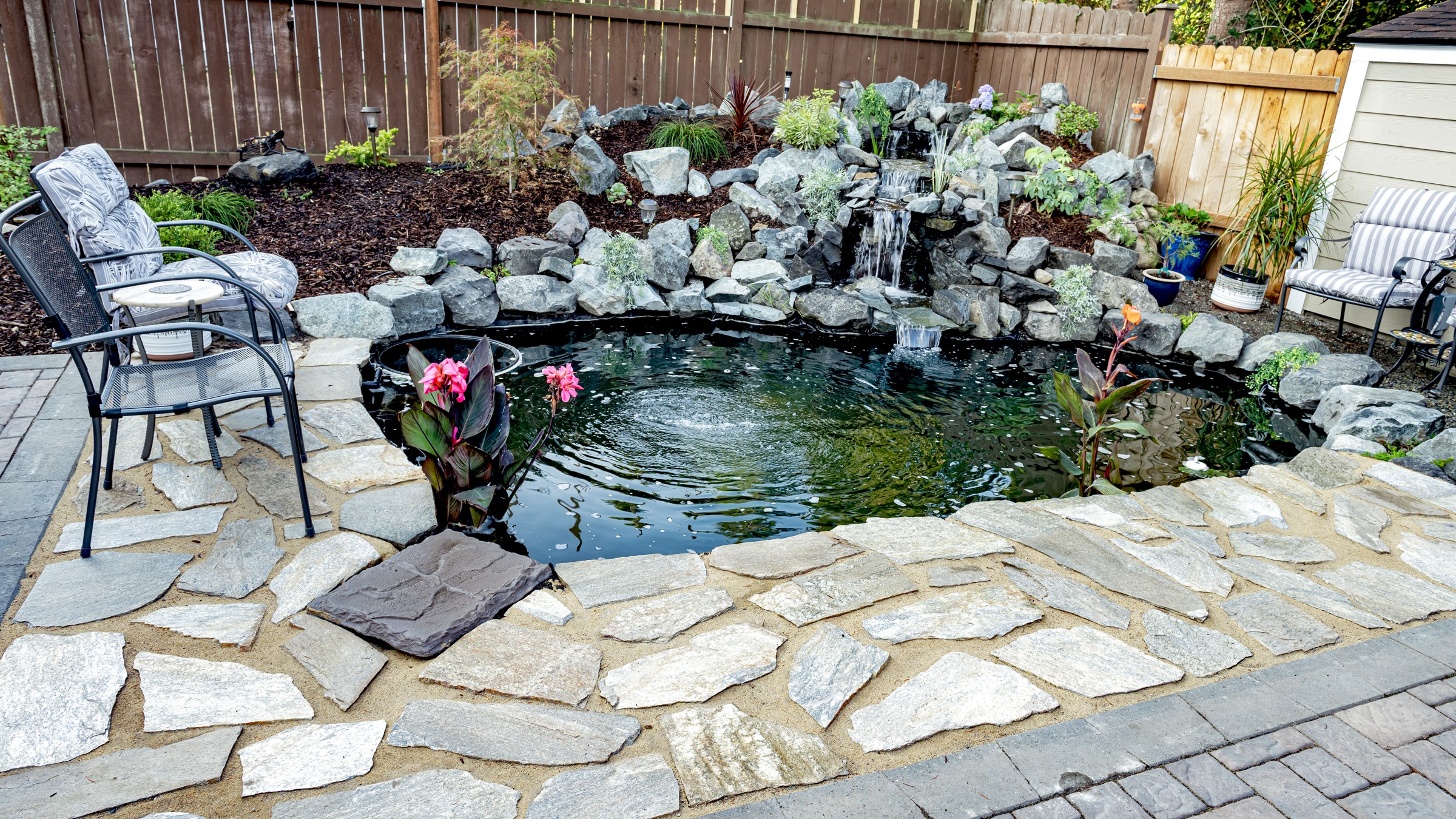 Tranquil koi pond bordered by flagstone and small waterfall